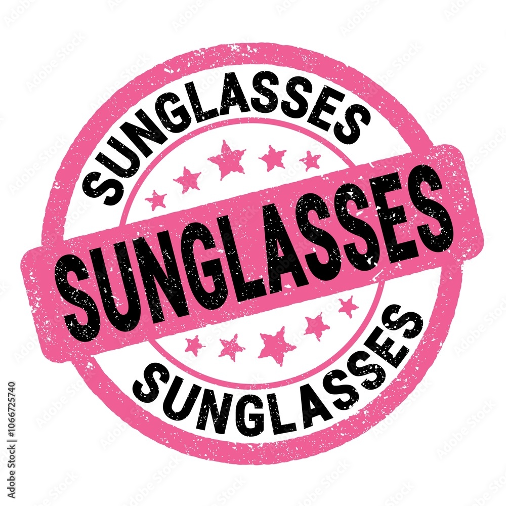 SUNGLASSES text written on pink-black round stamp sign.