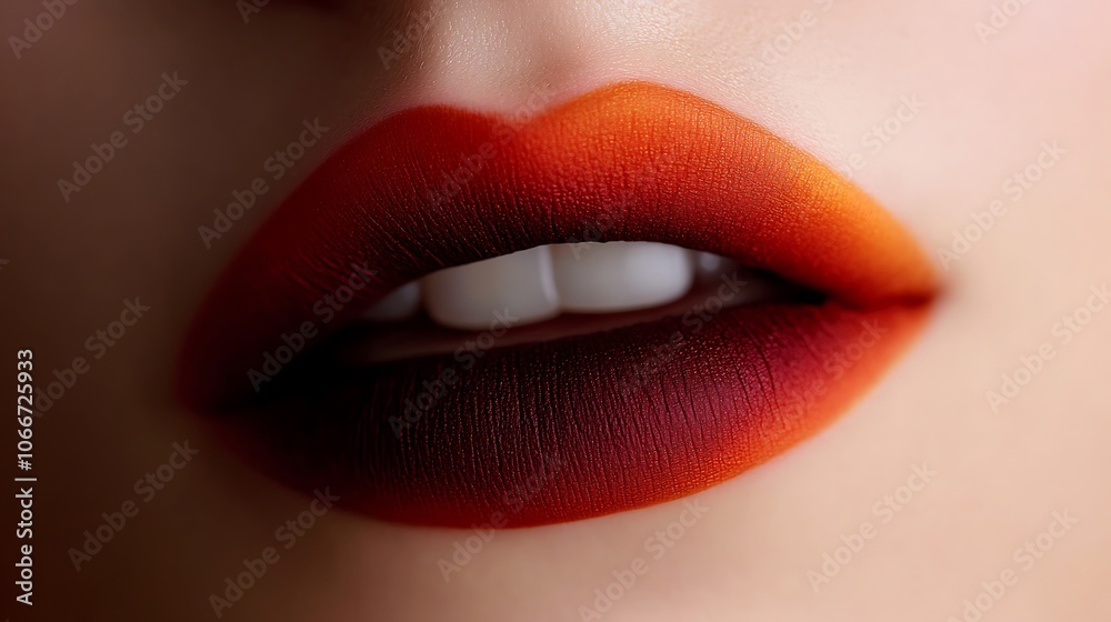 Extreme close-up of lips showcasing a matte ombre from deep red to orange, velvety and smooth texture, lit by diffused studio light for an even, glowing effect, capturing the bold, vibrant gradient, Extreme close-up of lips showcasing a matte ombre from deep red to orange, velvety and smooth texture, lit by diffused studio light for an even, glowing effect, capturing the bold, vibrant gradient,