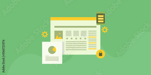 Website management software content publication, responsive design layout, secure encrypted website connection and database concept, information technology vector illustration.