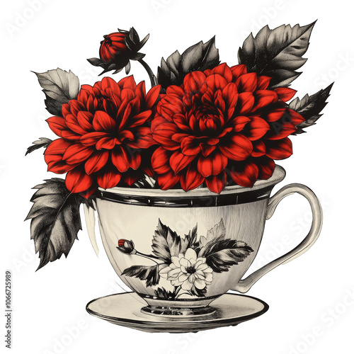 Cottagepunk-Style Vintage Teacup with Dahlias, Featuring Bold Lithographic Illustration, on Transparent Background photo