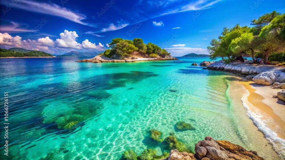 Fototapeta premium Stunning Crystal Clear Water and Soft Sand at Ksamil Beach, Albania - Serene Coastal Escape with Vibrant Nature, Tropical Paradise, Travel Destination, Relaxation, Scenic View