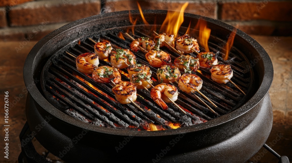 Grilled Shrimp Skewers on Hot Barbecue Grill Grilled Shrimp Skewers on Hot Barbecue Grill