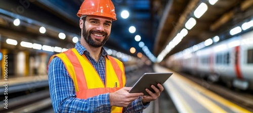 Engineer in Hard Hat Using Digital Tablet at Railway Depot, Modern Transportation and Technology photo