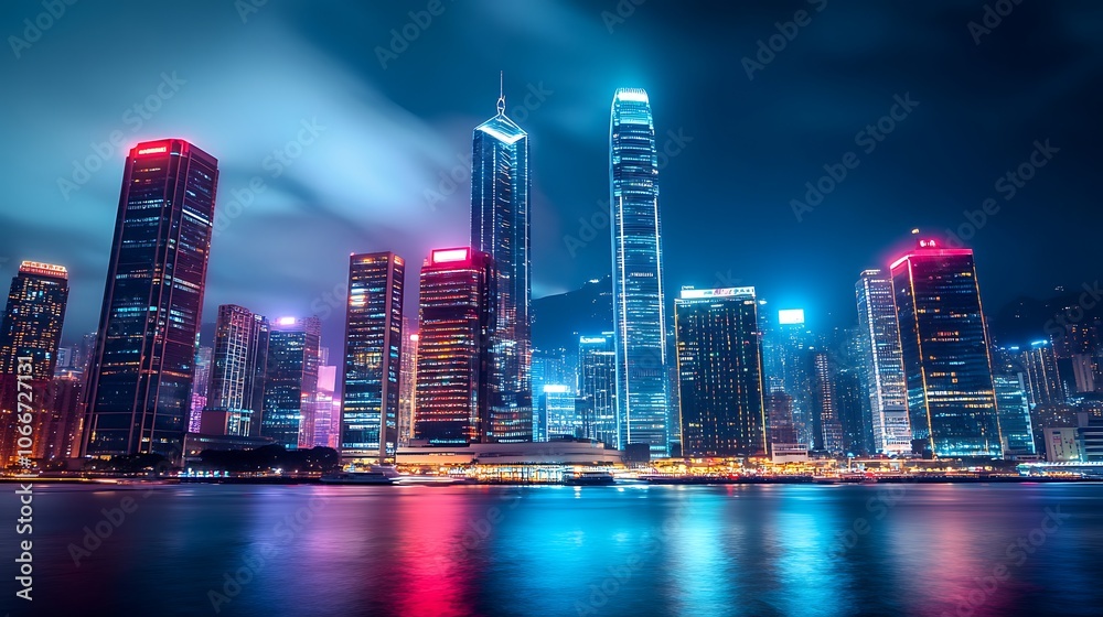 Fototapeta premium Vibrant Skyscrapers Illuminated at Night Overlooking a Calm Waterway
