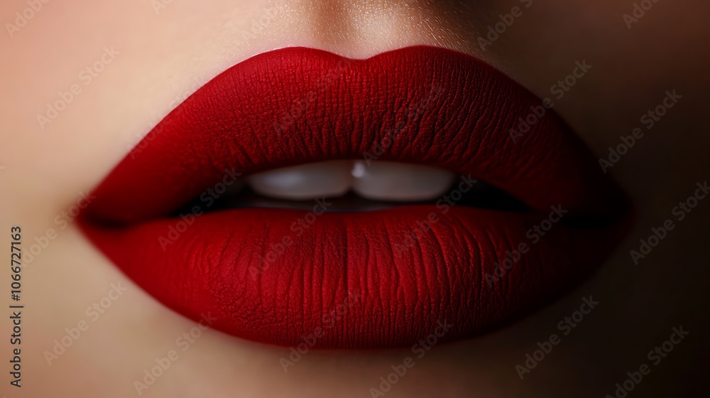 Extreme close-up of lips with intense crimson red matte lipstick, velvety texture highlighted by warm, soft lighting to create a dramatic, luxurious appearance, capturing intricate detail, Extreme close-up of lips with intense crimson red matte lipstick, velvety texture highlighted by warm, soft lighting to create a dramatic, luxurious appearance, capturing intricate detail,