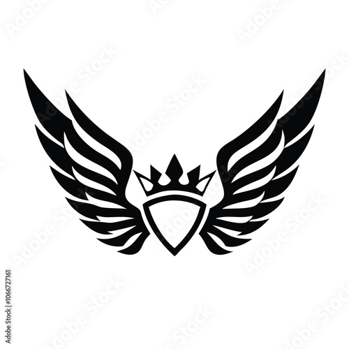 Crowned Winged Shield Outline Emblem, Black and white outline illustration of a winged shield with a crown, symbolizing royalty, strength, and protection in a minimalist design. 