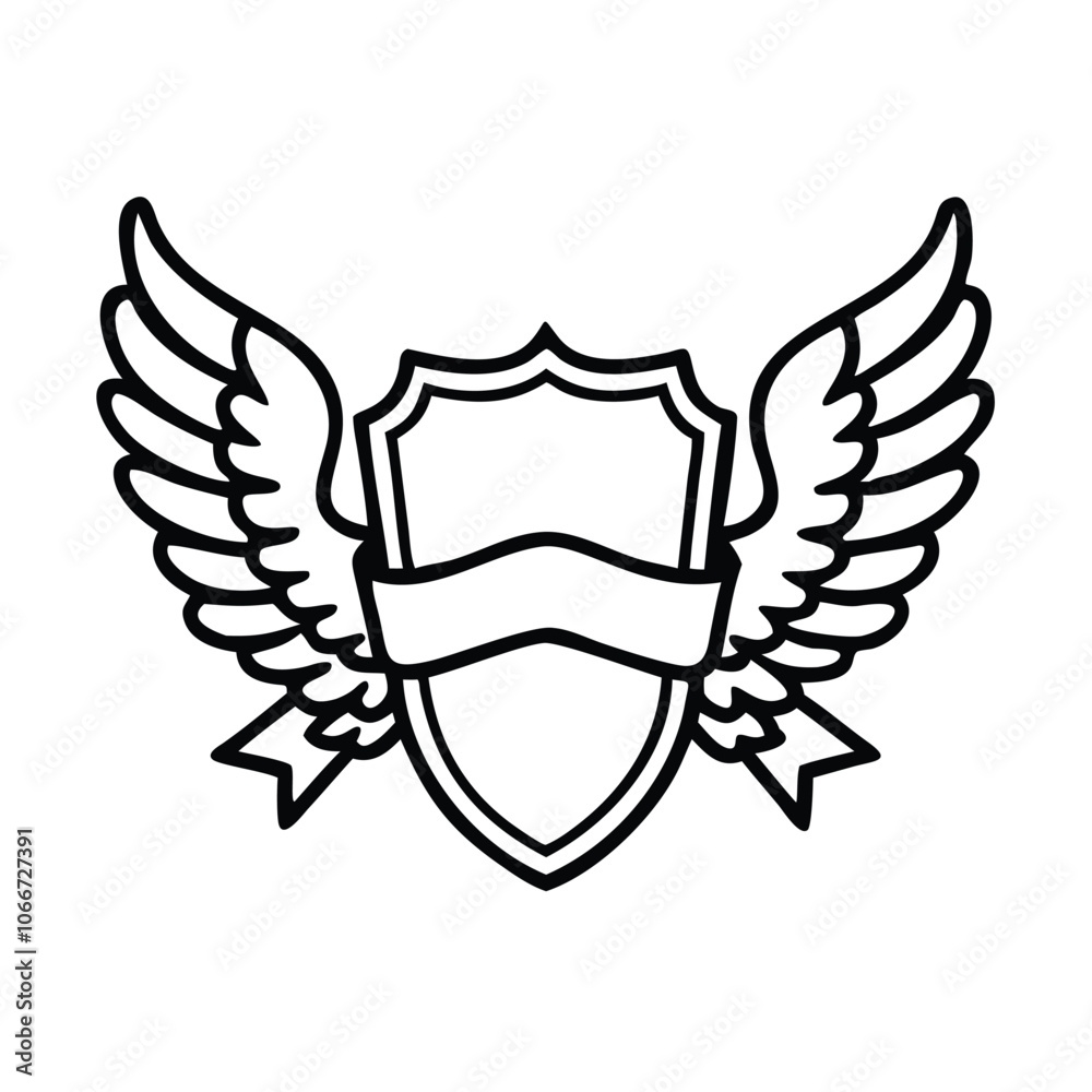 Obraz premium Winged Shield Emblem with Banner Outline, Black and white outline of a winged shield emblem featuring a blank banner, ideal for designs symbolizing honor, strength, and customization.