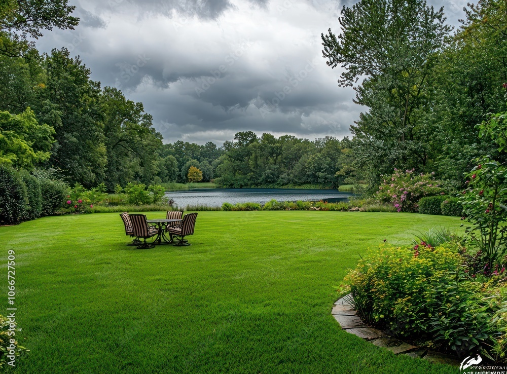 Overcast day landscape photo of a backyard with green grass and cerulean water elements.