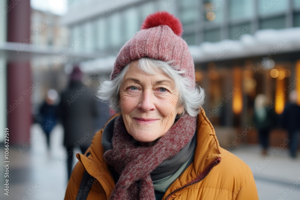 Portrait of smiling senior woman in hat and scarf on city street Portrait of smiling senior woman in hat and scarf on city street
