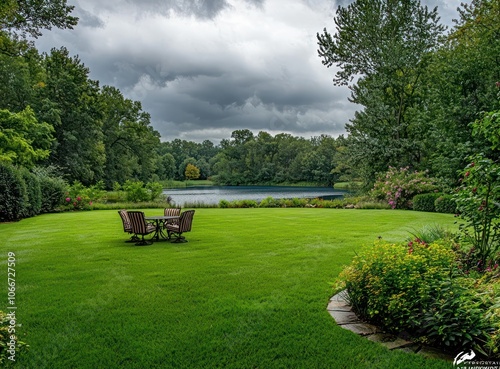 Obraz na płótnie Overcast day landscape photo of a backyard with green grass and cerulean water elements. w salonie