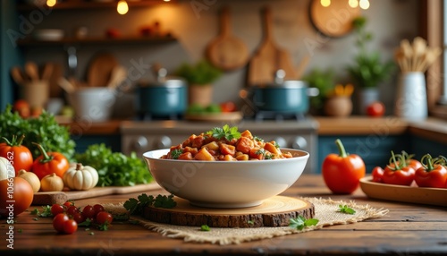 Vibrant Kitchen Scene Featuring Hearty Stew in Rustic Setting.