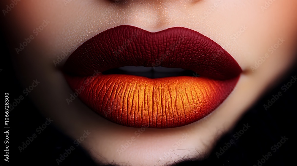 Extreme close-up of matte lips with a sunset ombre, fading from dark red to orange, smooth and velvety, lit with diffused lighting to highlight depth and softness, vivid and artistic style, Extreme close-up of matte lips with a sunset ombre, fading from dark red to orange, smooth and velvety, lit with diffused lighting to highlight depth and softness, vivid and artistic style,