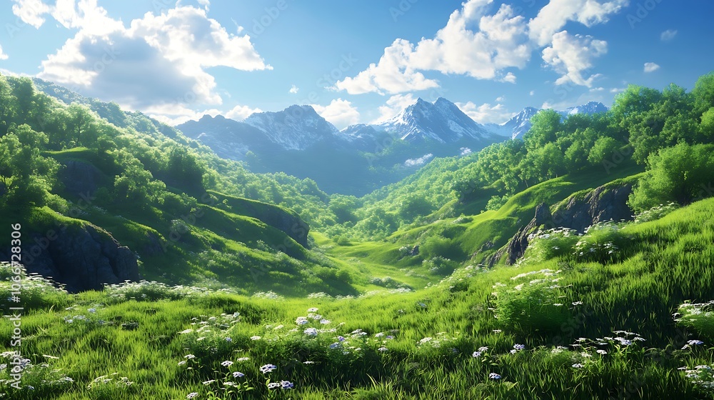 Fototapeta premium Lush Green Valley with Snow-Capped Mountains and Wildflowers