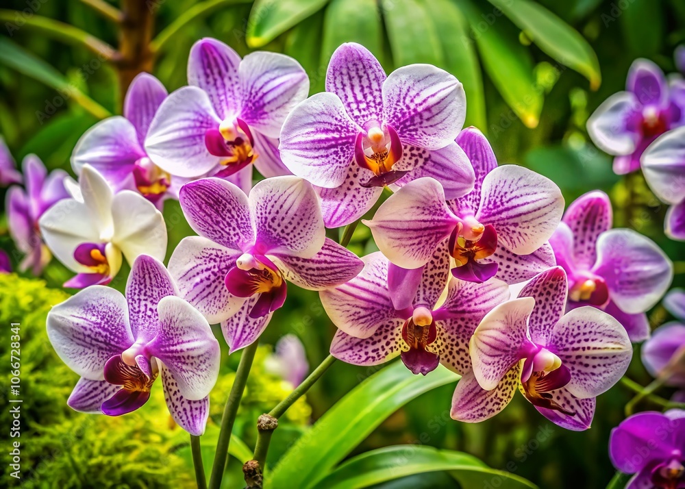 Stunning Drone Photography of White and Purple Orchids on Lush Green Leaves - Captivating Purple Guaria Orchid in Natural Habitat Stunning Drone Photography of White and Purple Orchids on Lush Green Leaves - Captivating Purple Guaria Orchid in Natural Habitat