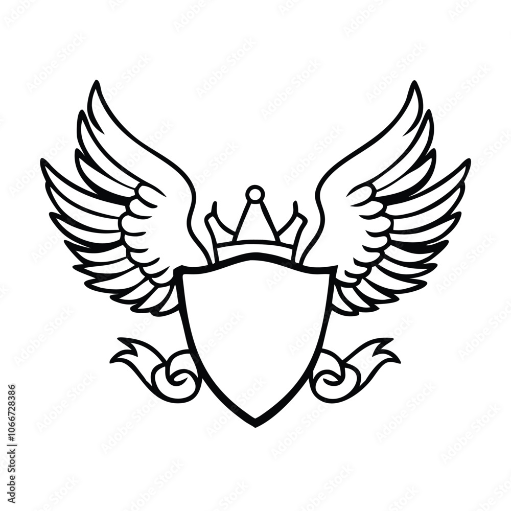 Obraz premium Crowned Winged Shield Outline Emblem, Black and white outline illustration of a winged shield with a crown, symbolizing royalty, strength, and protection in a minimalist design.