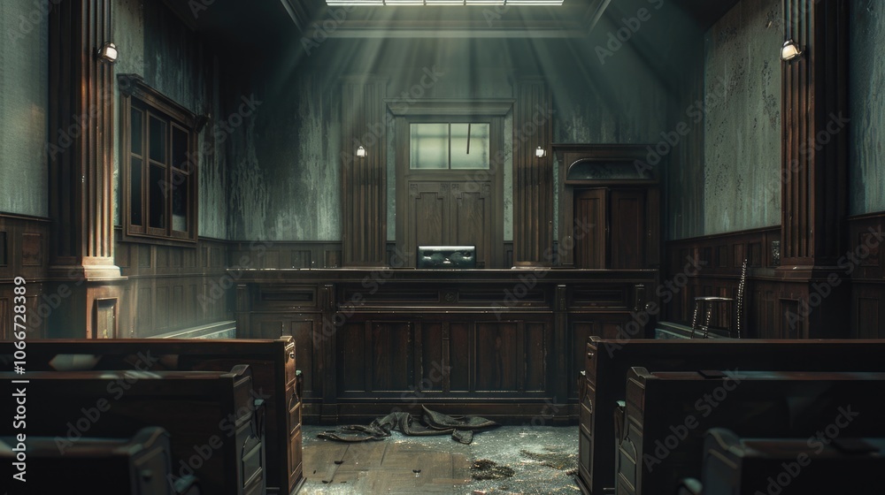 In Courtroom. Empty Space for Advertisement Template Banner in Stylish Interior In Courtroom. Empty Space for Advertisement Template Banner in Stylish Interior