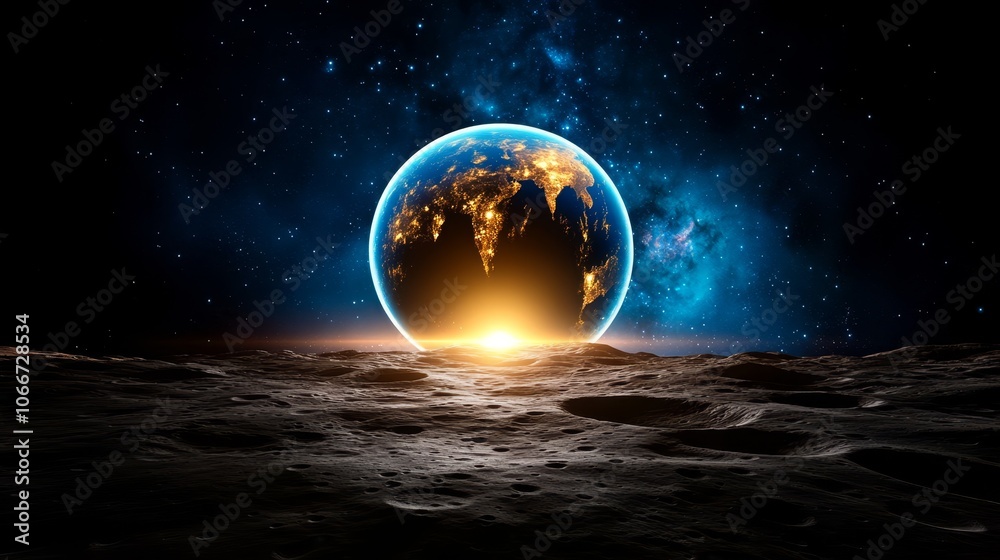 Earthrise Over Moon Surface with Stars and Nebula Background Earthrise Over Moon Surface with Stars and Nebula Background