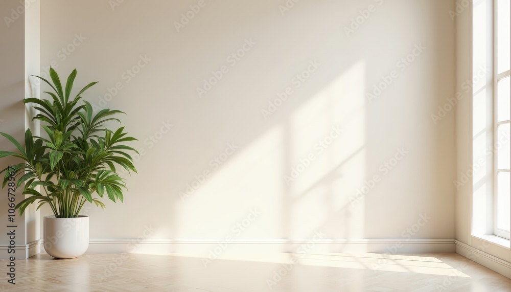 Serene Indoor Setting with Green Plant Against Soft Textured Wall Serene Indoor Setting with Green Plant Against Soft Textured Wall