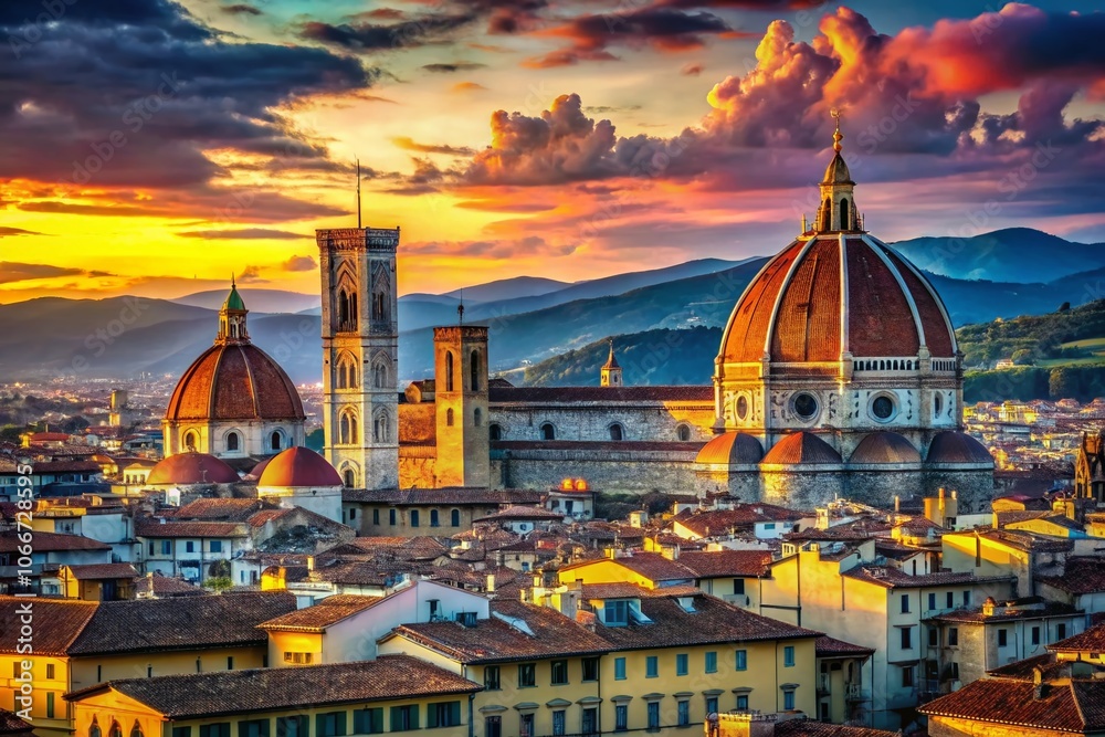 Obraz premium Stunning Florence City Skyline Vector Illustration with Macro Photography Elements, Capturing Architectural Details and Vibrant Colors for Urban Art Lovers