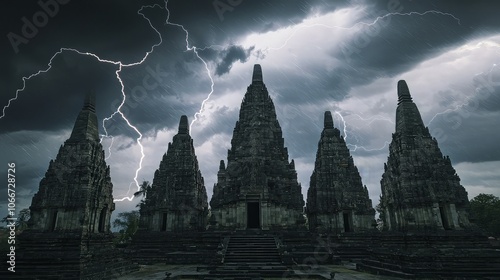Ancient temple silhouetted against dramatic stormy sky with lightning striking.
