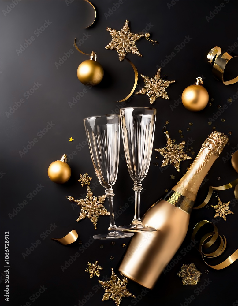 © Loliruri - Flat lay of a festive new year celebration setting with a champagne bottle, two glasses, and golden decorations on a dark background © Loliruri - Flat lay of a festive new year celebration setting with a champagne bottle, two glasses, and golden decorations on a dark background