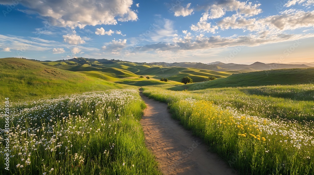 Obraz premium A Dirt Path Winding Through a Field of Wildflowers and Rolling Hills Under a Blue Sky with Clouds