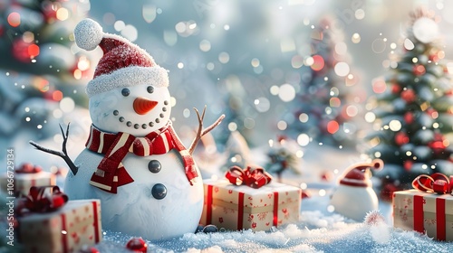 Happy Snowman with Gifts and Christmas Tree on Snowy Ground