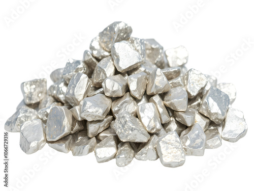 A pile of silver nuggets, showcasing their irregular shapes and bright, metallic luster