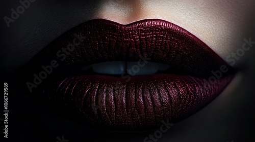 Extreme close-up of rich burgundy lips with a matte, velvety texture, lit with soft, warm lighting to accentuate depth and elegance, focusing on the curves and natural texture of the lips, photo