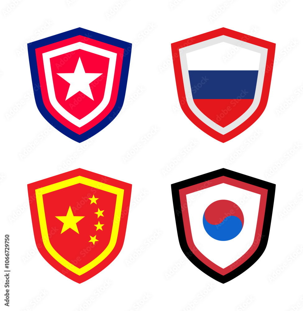 vector set of shield icon badge - flag nation (usa, russia, china, korea) vector set of shield icon badge - flag nation (usa, russia, china, korea)