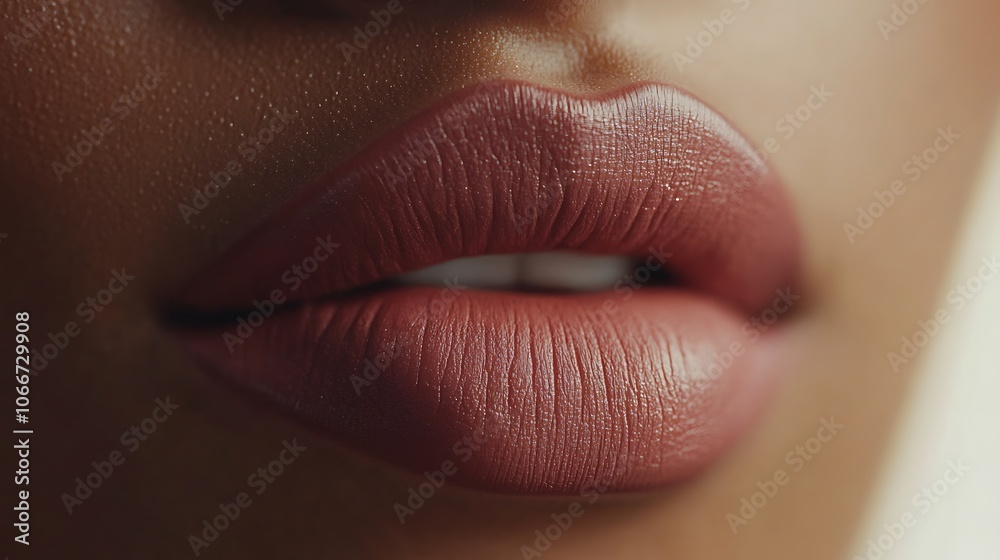 Extreme close-up of soft dusty rose lips with a matte, velvety texture, highlighted with delicate lighting, capturing natural curves and elegance, beauty shot, soft focus, hd quality. --ar 16:9 Extreme close-up of soft dusty rose lips with a matte, velvety texture, highlighted with delicate lighting, capturing natural curves and elegance, beauty shot, soft focus, hd quality. --ar 16:9