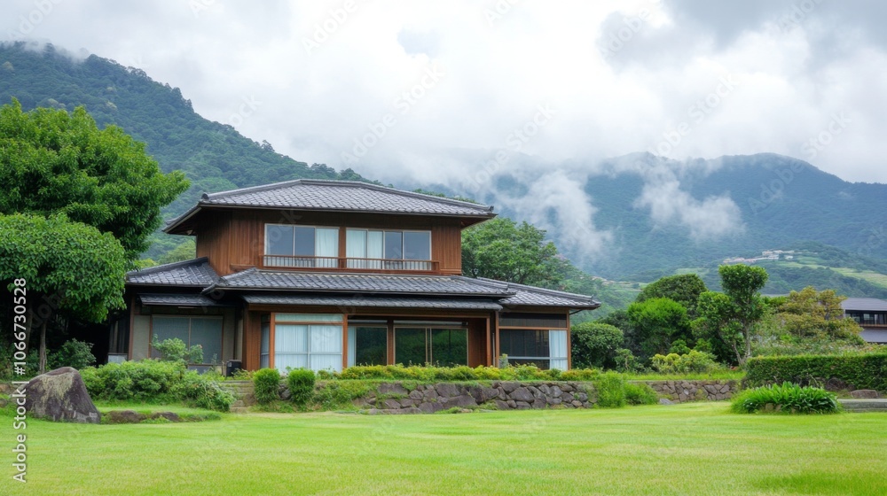 Tranquil House Near Lush Mountains and Clouds Tranquil House Near Lush Mountains and Clouds