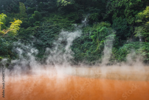 Chinoike Jigoku, natural hot spring, the blood pond hell, Red water and hot photo