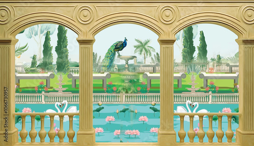 Mughal traditional garden arch with peacock, Mughal garden with bird parrot peacock plants tree palace illustration pattern for wallpaper