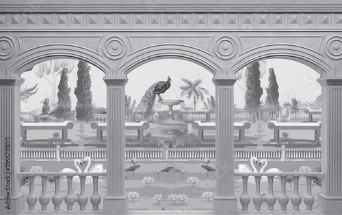 Mughal traditional garden arch with peacock, Mughal garden with bird parrot peacock plants tree palace illustration pattern for wallpaper