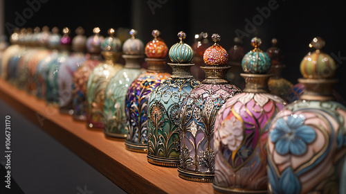Intricate and colorful perfume bottles lined up elegantly on shelf, showcasing exquisite designs and craftsmanship. Each bottle features unique patterns and vibrant colors, creating stunning visual