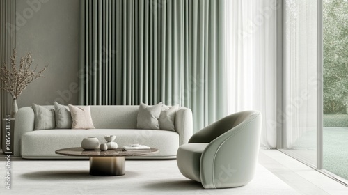 Minimalist Living Room with Green Accents and Natural Light