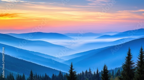 A serene landscape showcasing rolling hills and a vibrant sunset, enveloped in mist, creating a tranquil atmosphere.