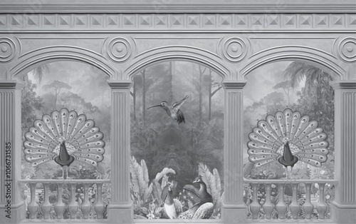 Mughal traditional garden arch with peacock, Mughal garden with bird parrot peacock plants tree palace illustration pattern for wallpaper