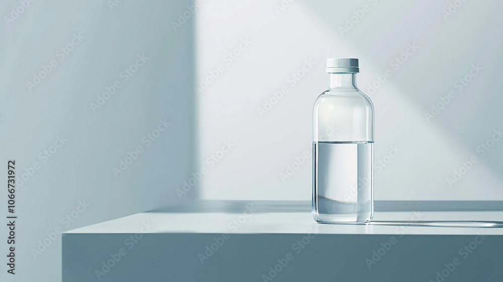 Clean modern water bottle with safety cap and half-filled with clear water on white background, symbolizing hydration and drinking safety, ample copy space for text overlay. Clean modern water bottle with safety cap and half-filled with clear water on white background, symbolizing hydration and drinking safety, ample copy space for text overlay.