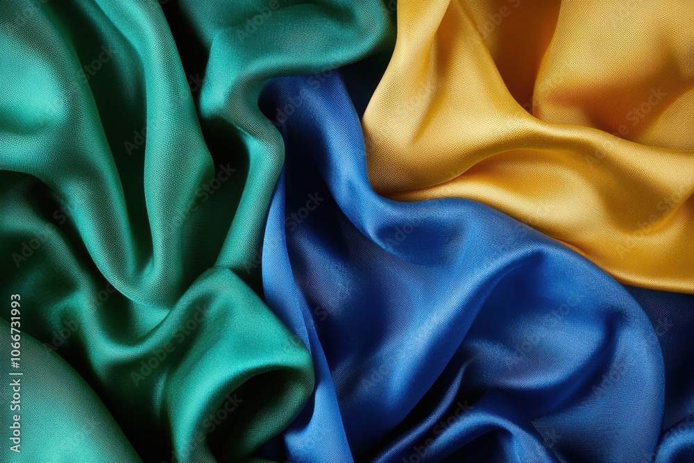 Obraz premium A close-up of flowing satin fabric in vibrant colors green, blue, and yellow, showcasing texture and richness.