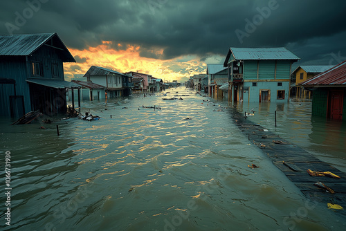 Coastal flooding with submerged buildings and rising sea levels photo