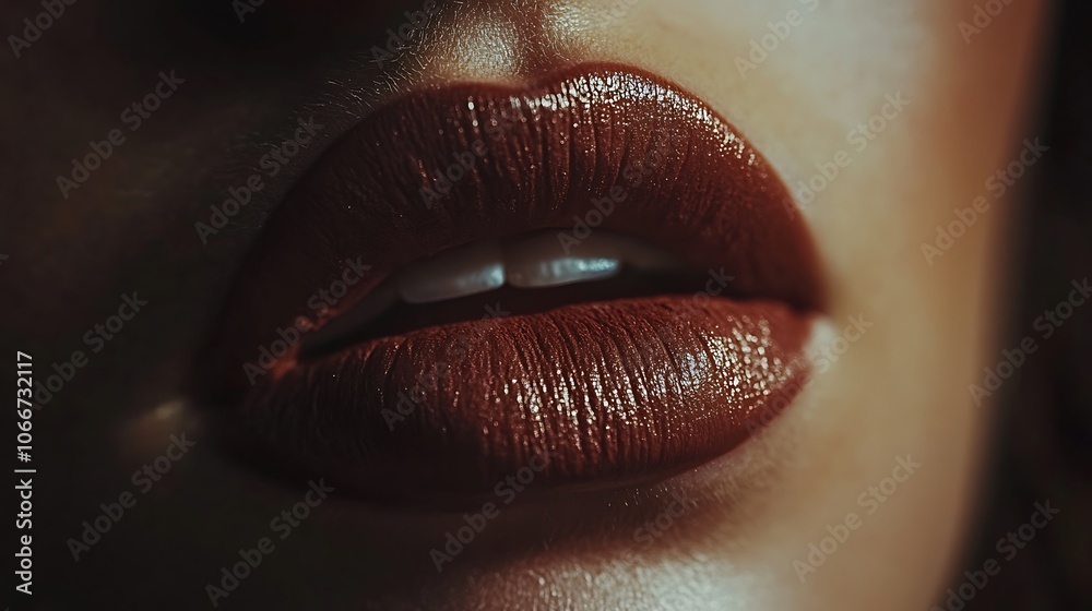 Intense close-up of lips with burnt sienna matte lipstick, showcasing a velvety and smooth texture, illuminated by soft, ambient lighting to emphasize the natural warmth and rich tone, high-quality, Intense close-up of lips with burnt sienna matte lipstick, showcasing a velvety and smooth texture, illuminated by soft, ambient lighting to emphasize the natural warmth and rich tone, high-quality,