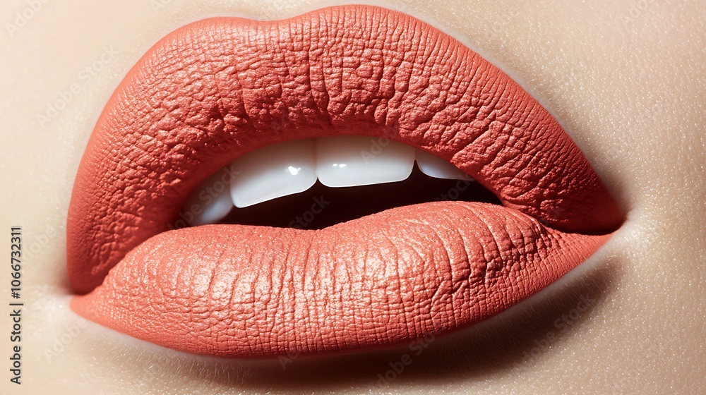 Intense close-up of lips with coral matte lipstick, showcasing a velvety, flawless texture under natural, soft lighting to enhance the vibrant hue and smooth surface, high-quality, Intense close-up of lips with coral matte lipstick, showcasing a velvety, flawless texture under natural, soft lighting to enhance the vibrant hue and smooth surface, high-quality,