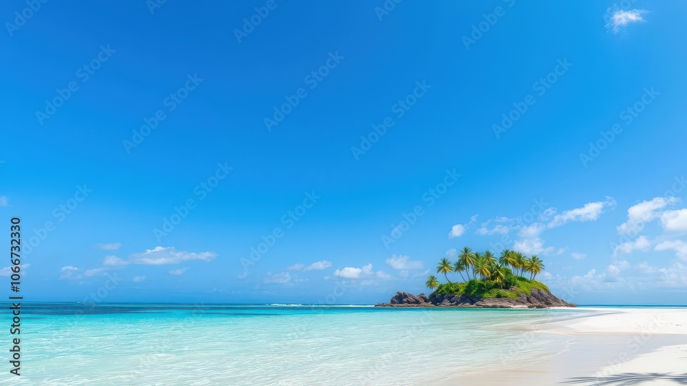 Sandy tropical beach with a lush green island in the background, island, vacation, travel Sandy tropical beach with a lush green island in the background, island, vacation, travel