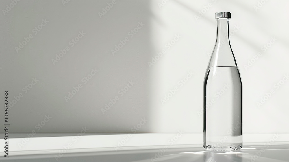 Clean modern water bottle with safety cap and half-filled with clear water on white background, symbolizing hydration and drinking safety, ample copy space for text overlay. Clean modern water bottle with safety cap and half-filled with clear water on white background, symbolizing hydration and drinking safety, ample copy space for text overlay.