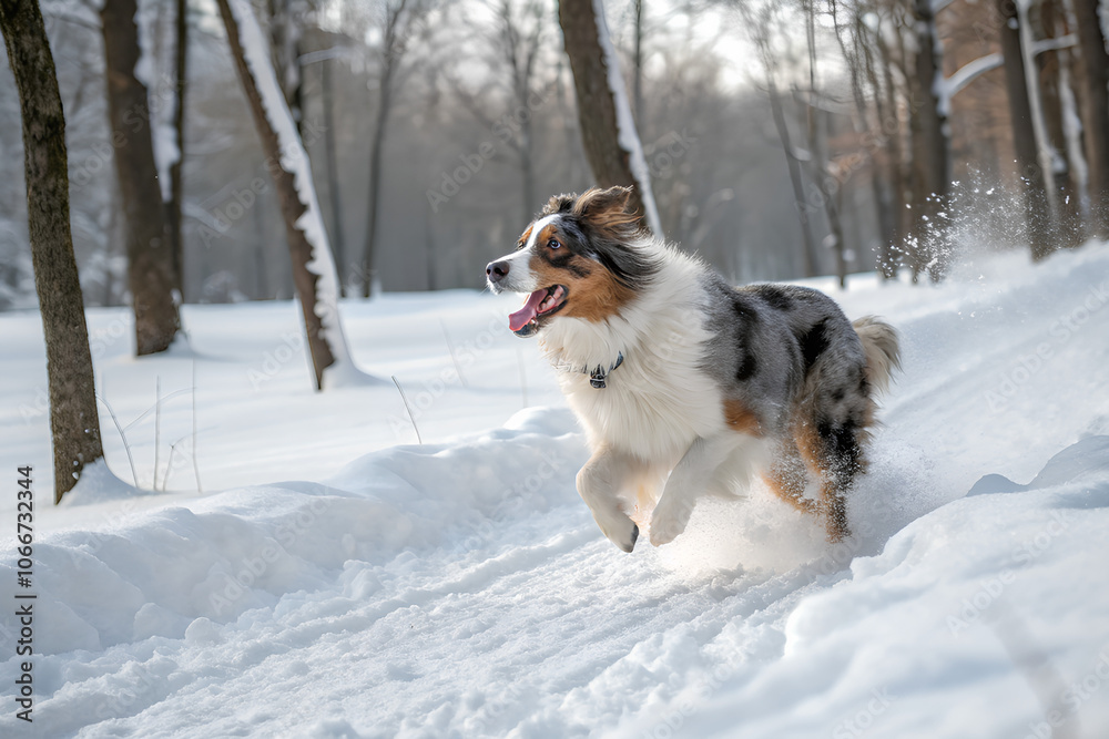 Happy dog Australian Shepherd running are having fun in winter park Happy dog Australian Shepherd running are having fun in winter park