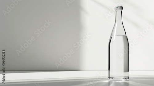 Clean modern water bottle with safety cap and half-filled with clear water on white background, symbolizing hydration and drinking safety, ample copy space for text overlay.