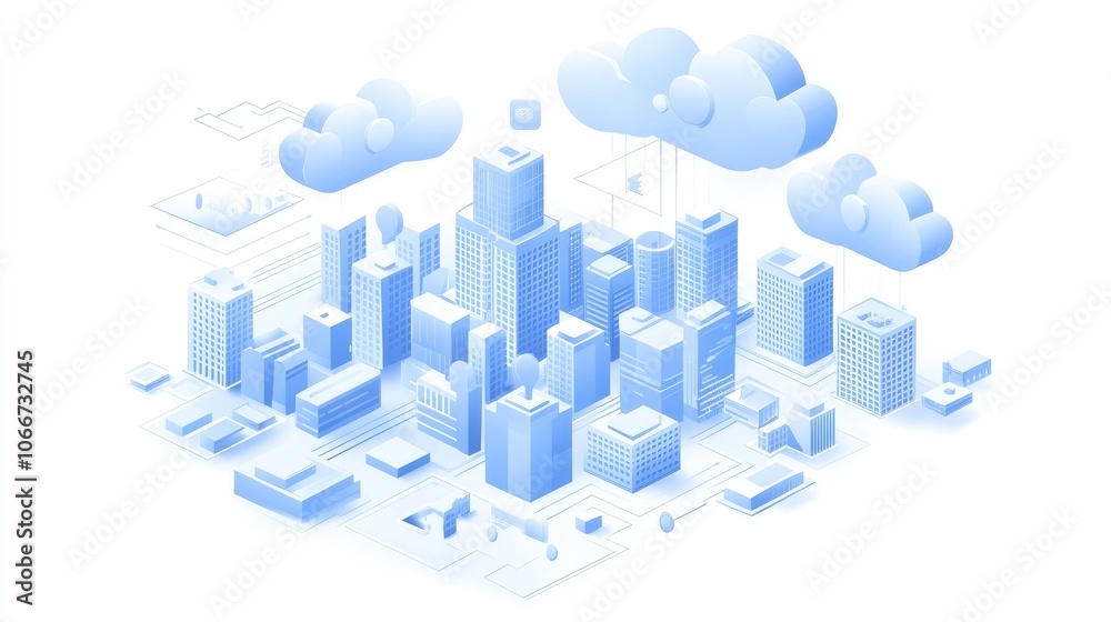 Isometric Illustration of Cloud Technology with Blue Cityscape Buildings and Clouds on White Background