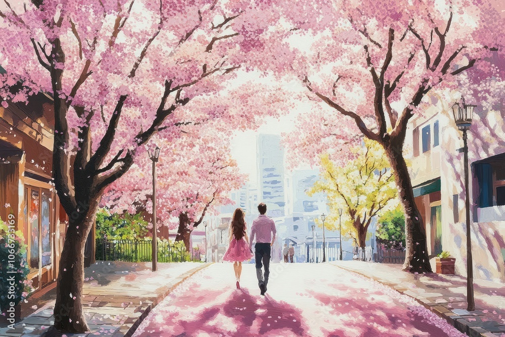 Couple Walking Under Blooming Cherry Trees in a City Street Couple Walking Under Blooming Cherry Trees in a City Street